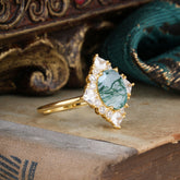 3CT Oval Cut Moss Agate Halo Engagement Ring for Women